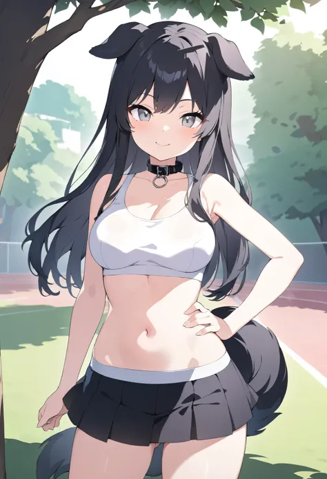 cute dog girl, nsfw, front view, standing under a tree, (((short black tennis skirt))), (((tight white sports bra))), grey eyes, (((smile))), medium breasts, (((hand on hip))), ((long hair)), (black hair), (dog ears), (dog tail), (black dog collar), UHD, h...