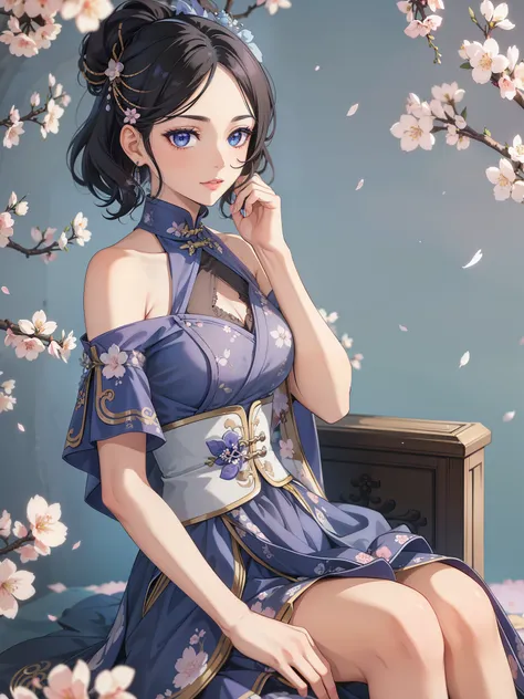 (high-quality, breathtaking),(expressive eyes, perfect face) 1female, girl , solo, teenager, asian woman hairstyle, short hair length, soft wave, black hair color, Heterochromia left eye blue and right eye purple, white and black dress, shawl, blue and pur...