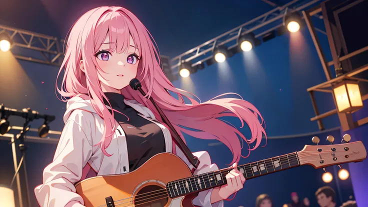 a beautiful girl with long, flowing pink hair, wearing a loose hoodie, performing on stage with her band, intense big and cute eyes, glowing skin, large breasts, ultra-detailed, best quality, 4k, 8k, highres, masterpiece:1.2,ultra-detailed,(realistic,photo...