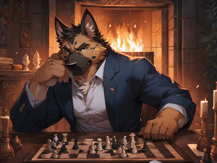 (German Shepherd:1.3), black long coat, Cold expression, stare, contemptuous, play chess, hand on chin, sit, table,solo, cartoon, author Takemoto Arashi, by zixiong, By Chunni, author Empty Ghost, masterpiece, (16K), HD, Various facial details, detailed ba...