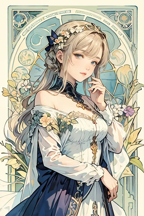 ((masterpiece)), ( best quality), ( Movie-like ), Art Nouveau watercolor , Floral_background, Intricate Designs and Patterns in Alphonse Mucha Style, Violet Evergarden ,destiny/Stay
