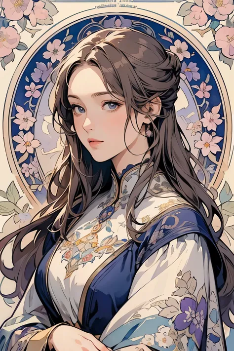 Violet Evergarden Portrait 、Art Nouveau watercolor、 with intricate designs and patterns in the style of Alphonse Mucha、Floral_background、  Movie-like 、masterpiece、 best quality、High image quality、8k、wallpaper、