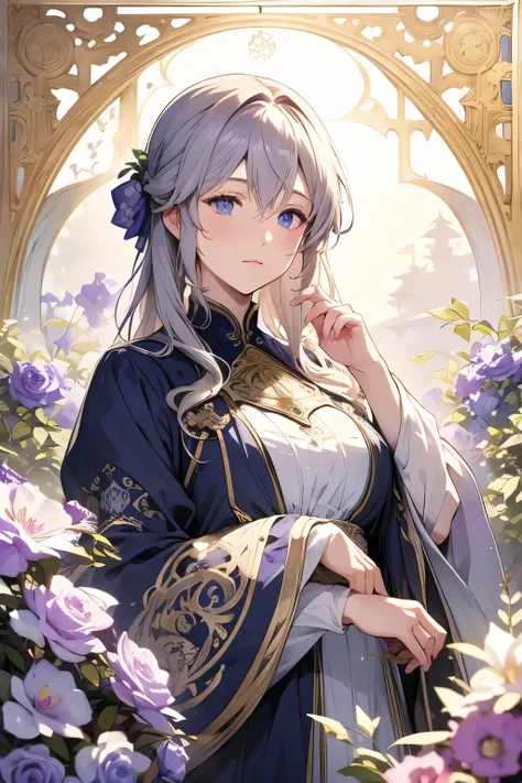 Violet Evergarden Portrait 、Art Nouveau watercolor、 Intricate Designs and Patterns in Alphonse Mucha Style、Floral_background、  Movie-like 、masterpiece、 best quality、High image quality、8k、wallpaper、