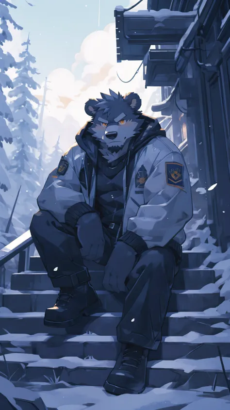 (masterpiece:1.2), best quality,pixiv,official art,perfect anatomy, (Ray tracing, light),solo, (1_male:1.3) , (muscle), (grey fur:1.4), (muscle bear), (beard:1.2), (gleaming golden eyes), bear tail, full body, Thick black eyebrows, bomber jacket,sweater in...