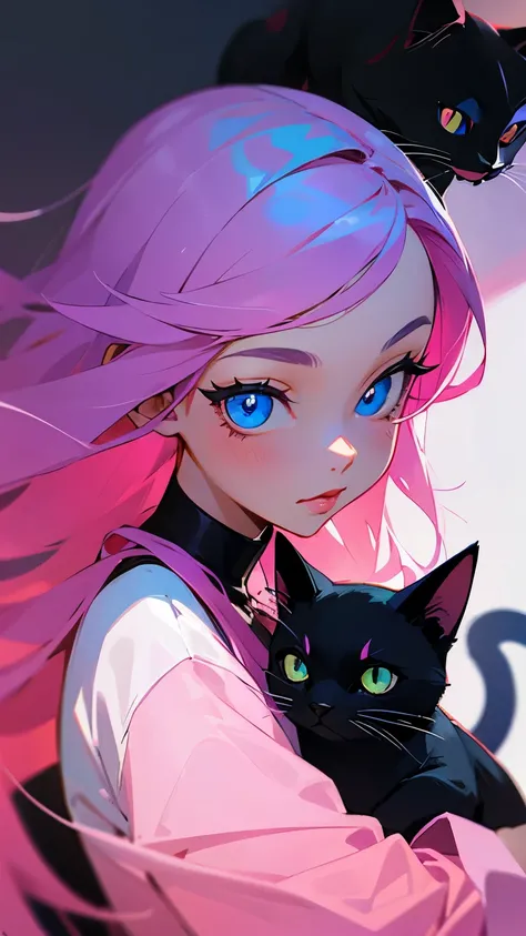 Girl with cat, Black Cat, Pink hair Blue eyes, Avatar