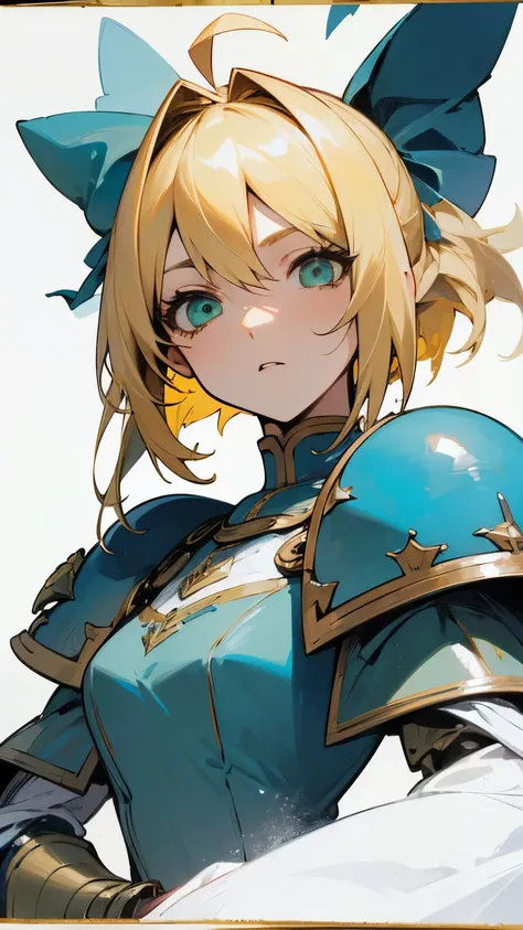 (masterpiece:1.2), ( absurd), (  Delicate Face  ),( detail eyes ), ( best quality) ( traditional media :1.2)  , (White background),  upper body, (Expressionless),   altoria _Pendragon_(destiny), Things to know, armor,  blonde hair,  gauntlet , green eyes, ...