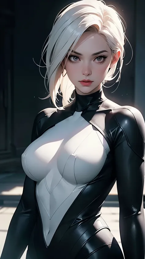  A white spider is drawn in the center of Gwens chest in a black suit, Organic looking clothes, Sticky forehead, Symbiote, White Eyes,  art, PS5 Cinematic Screenshots, Highly Detailed Realistic Rendering with Cinematic Lighting ,   Ultra Photorealistic Ray...