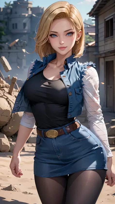 Android 18 da Dragon Ball Z,(best qualityer,4K,8k,high resolution,work of art:1.2)(weather: windy),battle ruins background, black shirt, striped sleeves, earrings, denim vest, denim skirt, pantyhose, brown boots, belt,short hair,ultra detailed,realisitic,p...