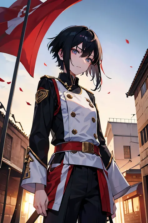 male性　Old Town　Ancient Capital　 fantasy　dawn　 black hair　pants　 short hair　（（（male）））　soldier　uniform　Waving a big national flag