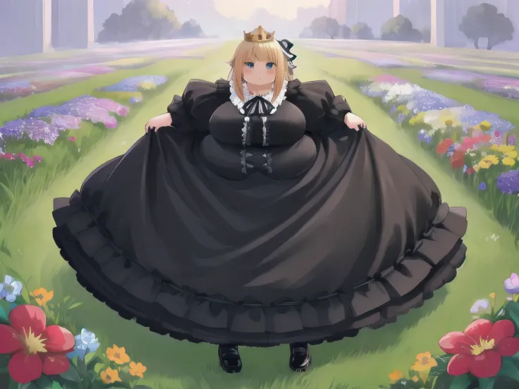 Beautiful Queen, obesity,  long sleeve , dress,ribbon, pantyhose ,frills, Puff Sleeves,black  dress,black  pantyhose ,neck ribbon,frilled  dress, Juliet sleeve ,white ribbon,skirt, full body, Field and flowers in the background , achromatic , masterpiece, ...