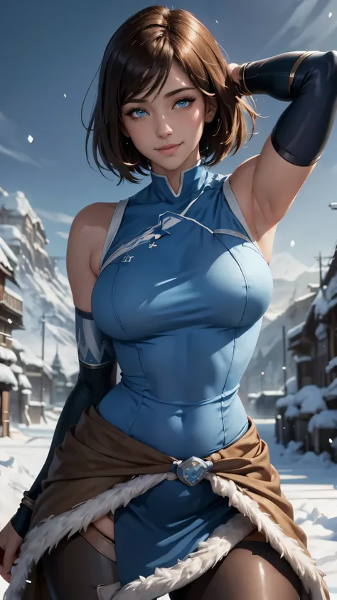 Korra da avatar,(best qualityer,4K,8k,high resolution,work of art:1.2)(weather: snowing), tundra town background, sleeveless top, choker necklace, elbow long gloves, tight leggings, winter belt, fur boots, fur dress trail,short straight hair, brown hair, u...