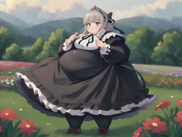 Beautiful Queen, obesity, long sleeve , dress,ribbon, pantyhose ,frills, Puff Sleeves,black dress,black pantyhose ,neck ribbon,frilled dress, Juliet sleeve ,white ribbon,skirt, full body, Field and flowers in the background , achromatic , masterpiece, ...