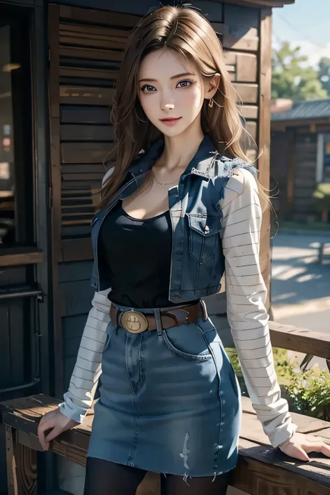 One girl wears a denim skirt and a Black T-shirt with high cleavage shirt standing in front of the window, Young beautiful amouranth, hyper realistic anime, seductive anime girl, perfect android girl, photorealistic perfect body, realistic anime 3d style, ...