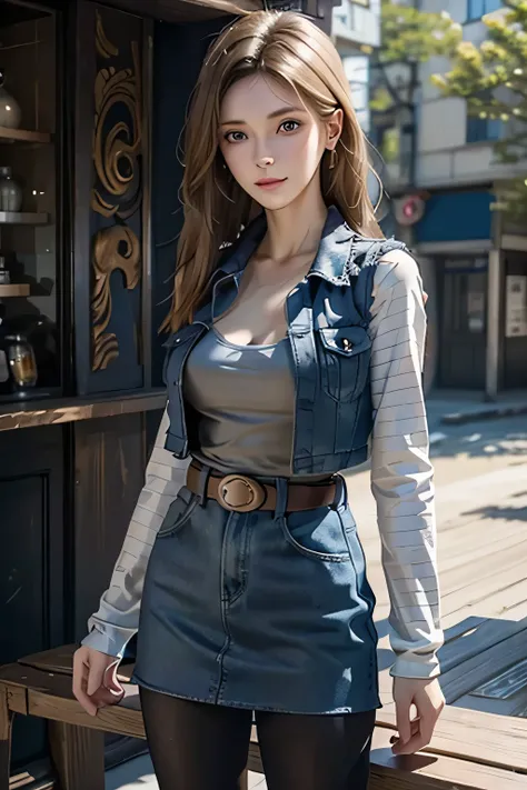 One girl wears a denim skirt and a Black T-shirt with high cleavage shirt standing in front of the window, Young beautiful amouranth, hyper realistic anime, seductive anime girl, perfect android girl, photorealistic perfect body, realistic anime 3d style, ...