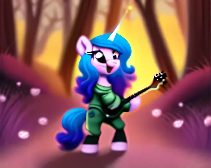 unicorn, Pony, Izzy Moonbow wearing Sweatshirt Nike, brand:1.1, Alone, in the bridlewood, deep in the forest, small petals on the ground, very beautiful, best quality, perfect anatomy, cute, (body skin), Artwork, (digital painting, soft shading,, warm ligh...