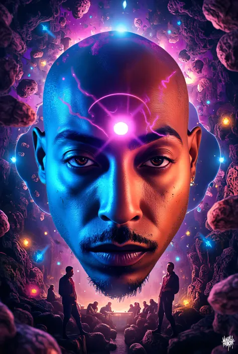 a Hyper-realistic photorealistic image of Nztykle Thrilling dreams, ultra-realistic realism, abstracted, psychedelia, tmasterpiece,PsyAI, Rasta, Jamaica, (BOld Text says "NA LISTEN":2.3 ) , (skin bald:2.3 Male ) , (BAld Head Masculine:1.3),(tmasterpiece,be...