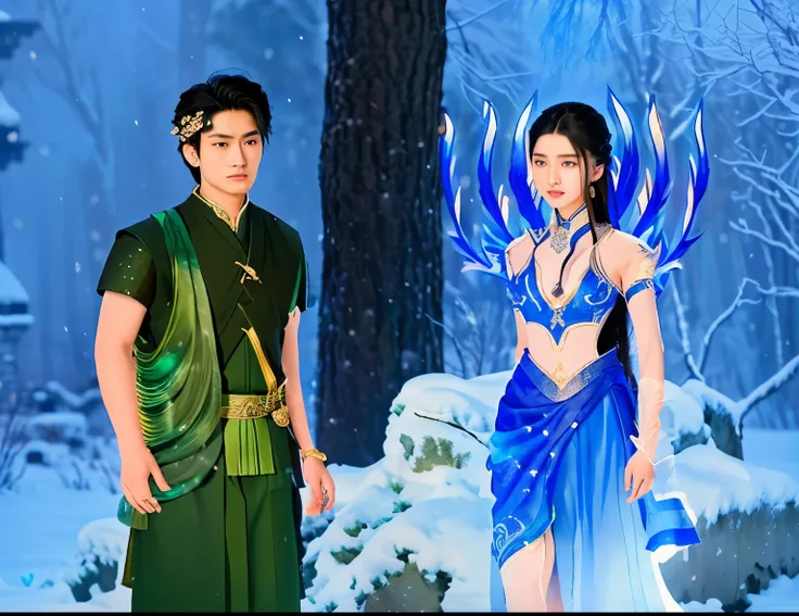 there are two people standing next to each other in a snow scene, mahira khan as a mage, fantasy fairytale story, xianxia fantasy, inspired by Ren Renfa, boy girl traditional romance, fantasy art style, still from a fantasy movie, inspired by Fan Kuan, sty...