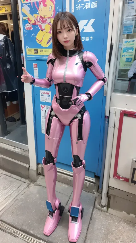 Robot Girl, pink there, Silver, Metallic body, Robot Parts, Metal Parts, Super Detailed Face, Super well-formed face, of the highest quality, a small face, a small head, Brown hair, Slender body, Camera gaze, Internal Mechanical Exposure, Idol, front facin...