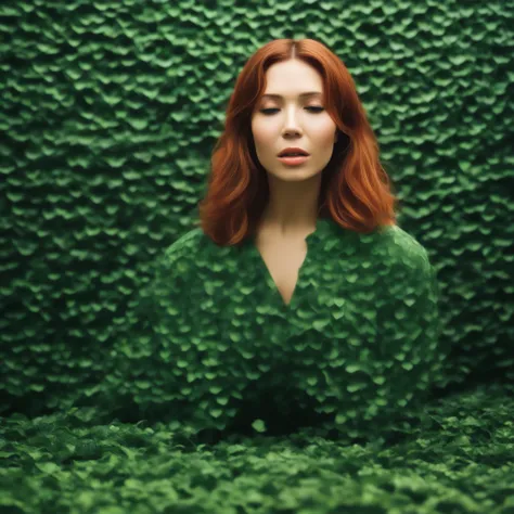 best quality, highres, 8k, masterpiece, photography, detailed midbody photorealistic portrait of Mandy Moore as Poison Ivy, lounging in a lush, botanical greenhouse with vibrant plants and vines cascading around her. Her fiery red hair is styled in long, v...