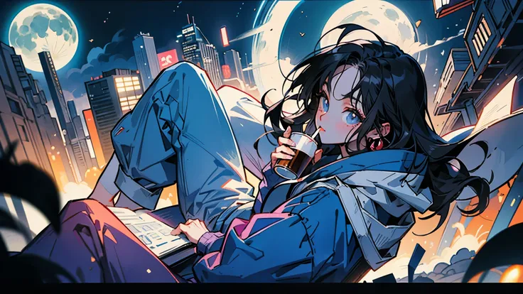 80s anime style, a beautiful woman with long, straight black hair, an adult, alone, wearing a trendy hoodie, drinking coffee at home under the moonlight in nighttime Tokyo