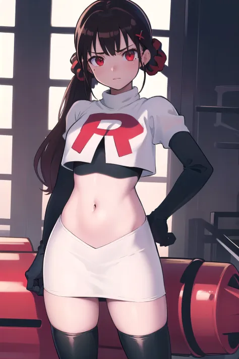 masterpiece, Highest quality, Ultra high definition, Spring Roll, Red eyes, Brown Hair, Low twin tails, Red scrunchie, Mole under the eye, Hair Clip, team rocket,team rocket uniform,white skirt,red letter R,crop top,black thigh-highs,black elbow gloves, co...