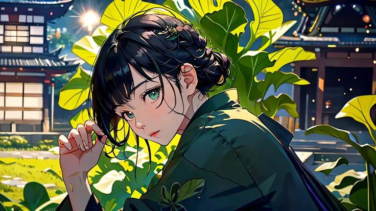 {dark rainy evening}, {{Hold a large butterbur leaf above your head}}, masterpiece,  best quality,  Extremely detailed,  girl,  black haired, A Woman Walking in the Japanese Countryside,　emo, dim,  depth of field, rainbow,  highly detailed eyes and faces、B...