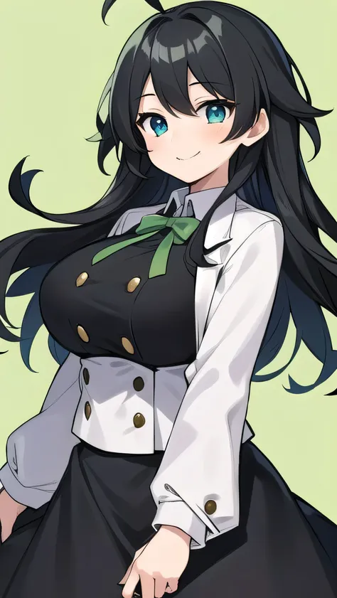 Junior high school student who looks like an elementary school student, , very short, 140 cm tall, black hair with a slight green tinge, short ahoge, beautiful long hair but with a little hair sticking out, beautiful round eyes, blue eyes, smile, boyish, l...