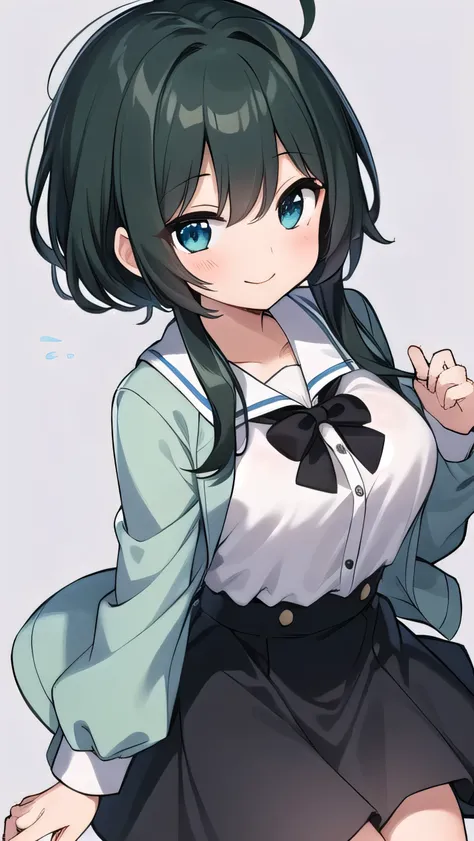 Junior high school student who looks like an elementary school student, , very short, 140 cm tall, black hair with a slight green tinge, short ahoge, beautiful long hair but with a little hair sticking out, beautiful round eyes, blue eyes, smile, boyish, l...