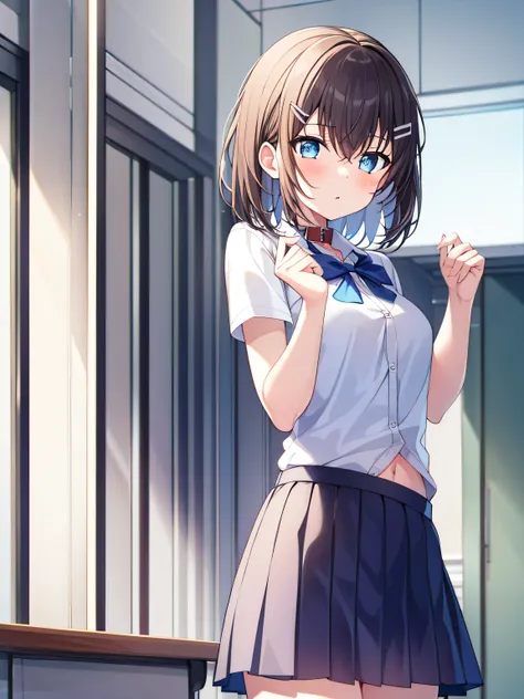  1 girl at home, ,  alone, A skirt, shirt,  blue_With eyes, disease, Large target_, hair_ Decorate style , White_shirt, Watching_Sh its own  in_ Peeping at the audience , Umbilical cord, pleSh its own  ined_A skirt, Sh its own in室内, black_hair, School_Scho...