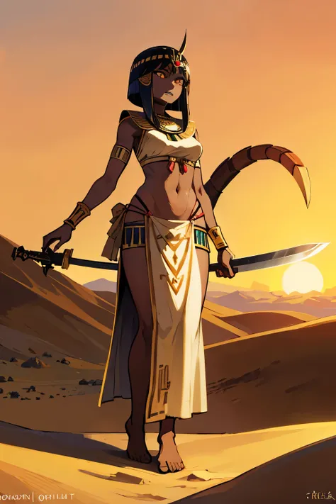 Female, dark skin, short hair, golden eyes, long Egyptian tunic, scornful expression, gritted teeth, holding an Ancient Egyptian sword, desert dune, Scorpion tail and stinger