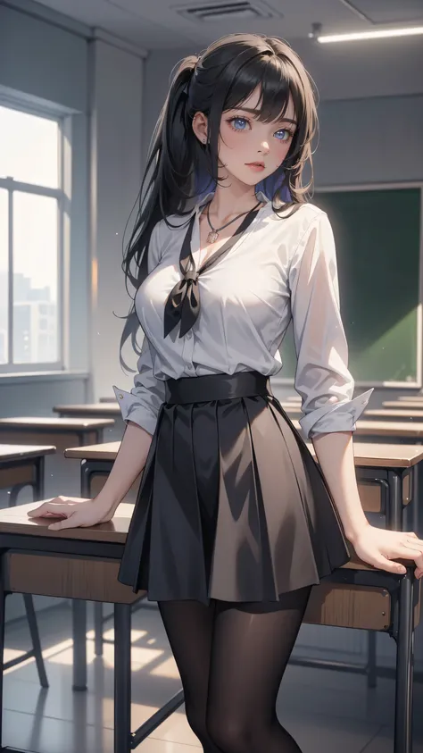 sfw, masterpiece, Best Quality, High resolution, detail hands, detail fingers, detail face, detail leg, perfect lighting, (1girl, solo, detail girl), Smile, cute girl, (black hair, Side Pony tail hair , Gray eyes, medium breast), (School uniform, necklace,...