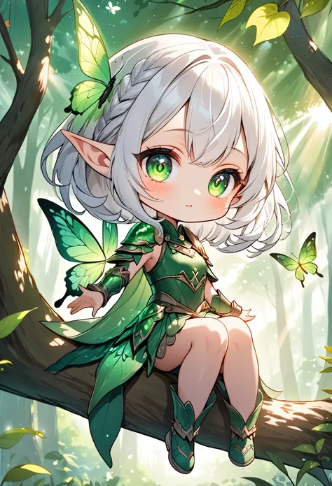 illustration, best quality, chibi style, 1girl, drkgirl,small elf girl with white hair and green accents, sitting on a tree branch, reaching out to a glowing green butterfly, wearing ornate fantasy armor with leaf motifs, peaceful forest background, soft s...