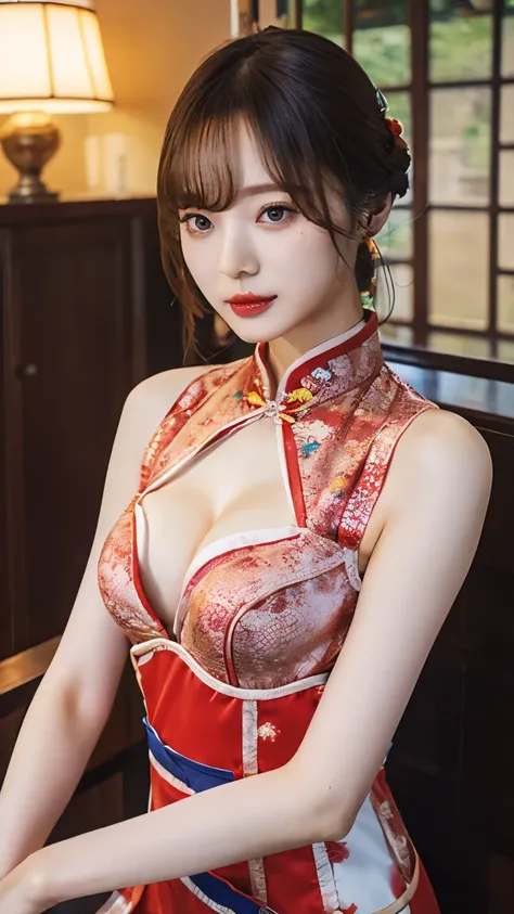 (small breasts:1.1), (cleavage cheongsam:1.05), full body, highest quality, masterpiece, photorealistic