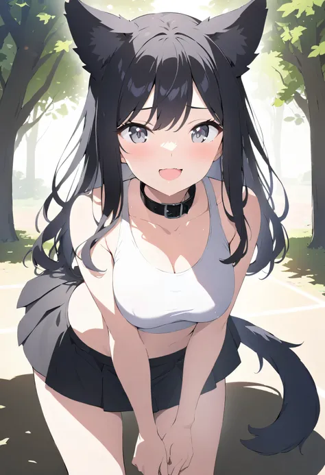 beautiful dog girl, nsfw, standing under a tree, bending over, ((short black tennis skirt)), ((tight white sports bra)), medium breasts, grey eyes, ((happy)), (((hand on sports bra))), ((long hair)), (black hair), (dog ears), (dog tail), (black dog collar)...