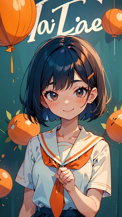  upper body close-up 、 dark blue hair 、 bob cut from the front、 jet black brown eyes 、 ties her hair with orange hair clips、smile、 sailor suit、School