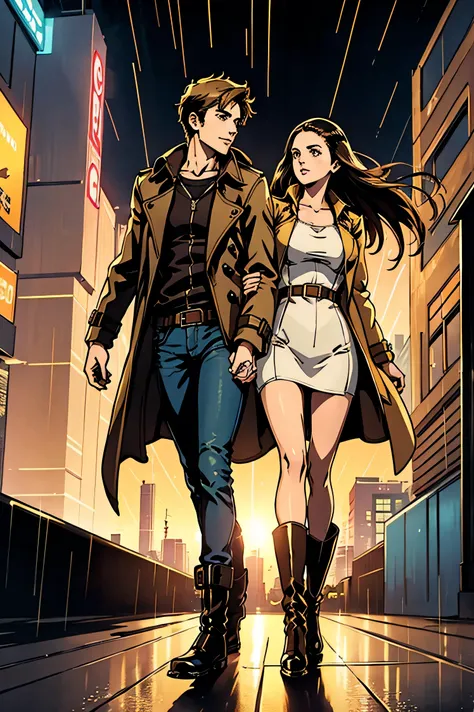 an attractive young brunette couple holding each other in a futuristic city, wearing trench coats, jeans, boots, raining, golden...