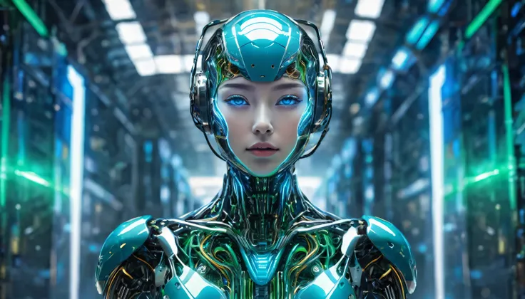 Visual Representation of Artificial Intelligence (AI). This image is、Futuristic human shape ,   cybernetics and technology are integrated into the  .。.。. background、  lattice-like structure like light and complex circuits  .., Symbolizes enormous data proc...