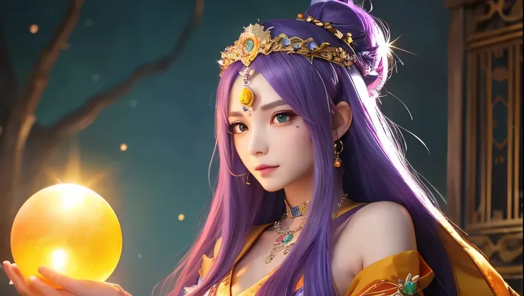  a mysterious female character 、 has long purple hair and a calm expression 。 has a silver headband with jewels on her forehead 、 and has green gemstone decorations on her neck and waist 。 wears orange and yellow robes 、I have a round crystal ball with bot...