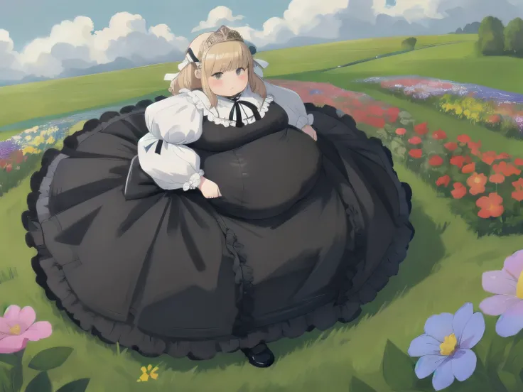 Beautiful Queen, obesity, Big body, Belly protruding,  long sleeve , dress,ribbon, pantyhose ,frills, Puff Sleeves,black  dress,black  pantyhose ,neck ribbon,frilled  dress, Juliet sleeve ,white ribbon,skirt, full body, Field and flowers in the background ...