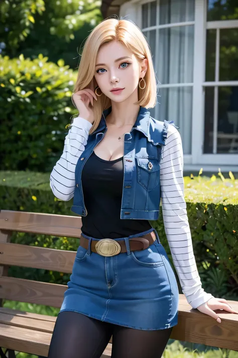 One girl wears a denim mini skirt , She wears a Black T-shirt with high cleavage, Standing in front of the window, Young beautiful amouranth, hyper realistic anime, seductive anime girl, perfect android girl, Android 18, , Light Blonde hair, Medium hair sh...