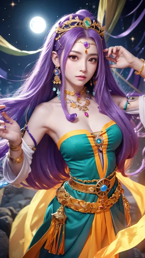  a mysterious female character 、 has long purple hair and a calm expression 。 has a silver headband with jewels on her forehead 、 and has green gemstone decorations on her neck and waist 。 wears orange and yellow robes 、I have a round crystal ball with bot...