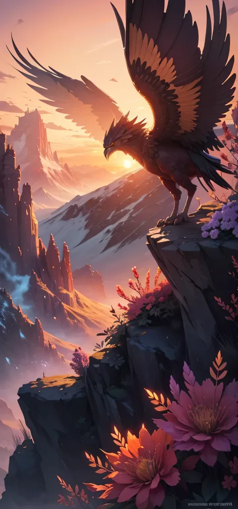 a phoenix in a sunset landscape of skyrim, crystallized flowers and plants, extremely detailed, 8k, high resolution, masterpiece, anime style,