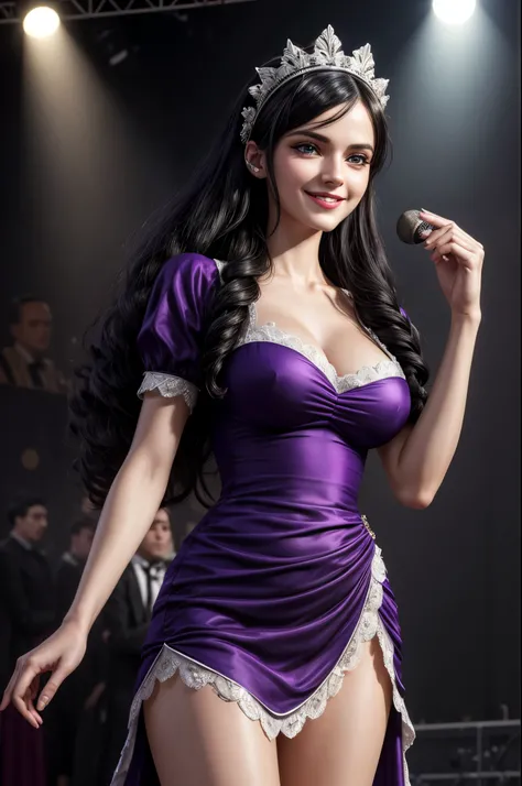 masterpiece, best quality, extremely detailed, hyperrealistic:1.1, photorealistic, a beautiful 20s european model, ultra detailed face:1.1, maid headdress, black hair, purple dress, smiling, on live stage, stage lighting, standing