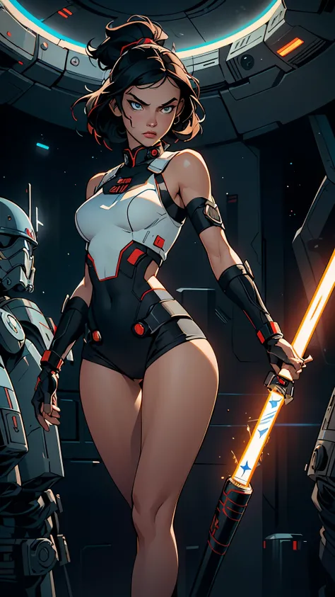 best quality，master piece，High resolution，1 girl，Female body defines thick thighs cybernetic body part，short underwear，Science fiction，big breasts，seductive gesture。High resolution, 8k, Inside the spaceship in the background, perfect eyes, thigh gap、young ...