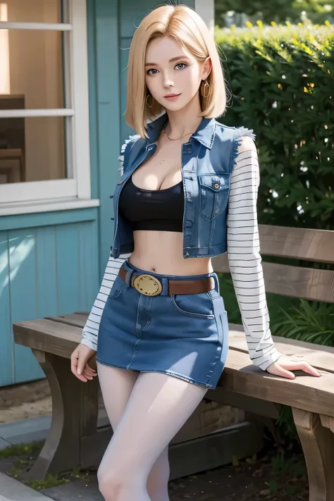 One girl wears a denim mini skirt , She wears a Black T-shirt with high cleavage, Standing in front of the window, Young beautiful amouranth, hyper realistic anime, seductive anime girl, perfect android girl, Android 18, Light Blonde hair, Medium hair shag...