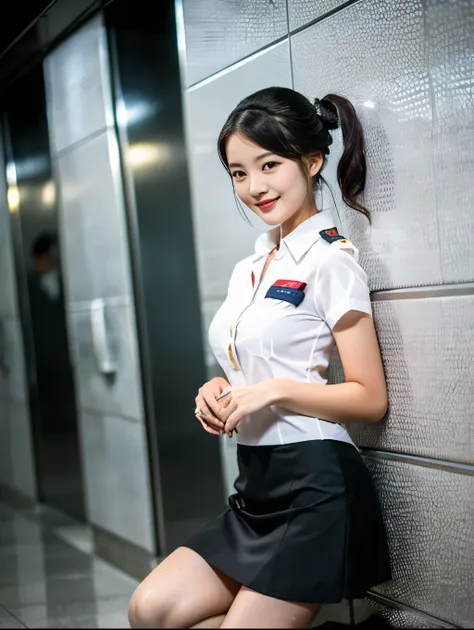 ( A gorgeous lady , 21 years old,  wearing an air stewardess ,  Shenzhen airline stewardess ,  Wet White Shirt ,  Wet Red Mini Skirt ,  Kneeling in the Bathroom ,  smile with a wine cage ,  Short Ponytail Hairstyle ,  short hair wave ,  Cute Crooked Teeth ...