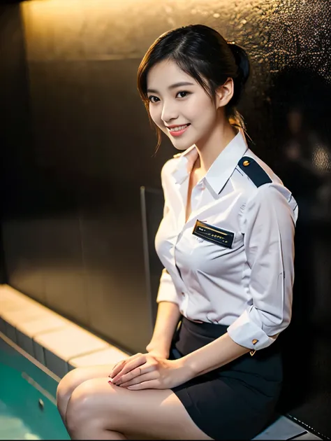 ( A gorgeous lady , 21 years old,  wearing an air stewardess ,  Shenzhen airline stewardess ,  Wet White Shirt ,  Wet Red Mini Skirt ,  Kneeling in the Bathroom ,  smile with a wine cage ,  Short Ponytail Hairstyle ,  short hair wave ,  Cute Crooked Teeth ...