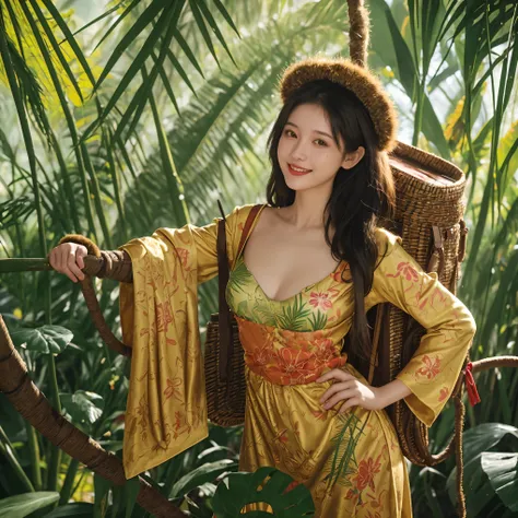 ( Milana Alexander Drovna Vantrub , Age 25)  wearing a sexy little monkey costume ,Flirting with the audience,Fake jungle , golden sunlight passing through trees ,  vibrant green leaves fluttering in the wind ,Bamboo shoots,  blooming exotic flowers ,  Chi...