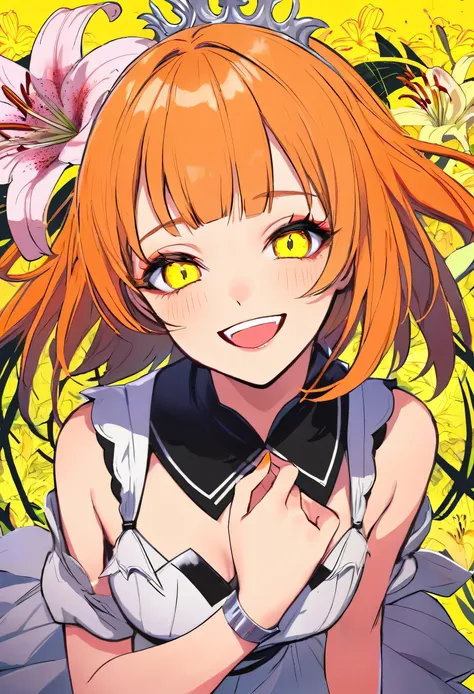   cool adult woman  、   short orange hair and neon yellow eyes 、Princess clothing 、(Lily flower )、    neon background 、 with a fearless smile and a yandere expression 