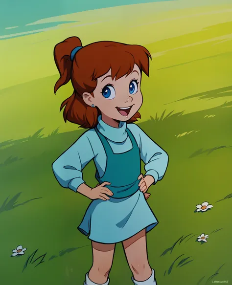 score_8, score_9, jenny, 1 girl, solo, brown hair, ponytail, blue eyes, earrings, standing, on grass, hands on hips, open smile